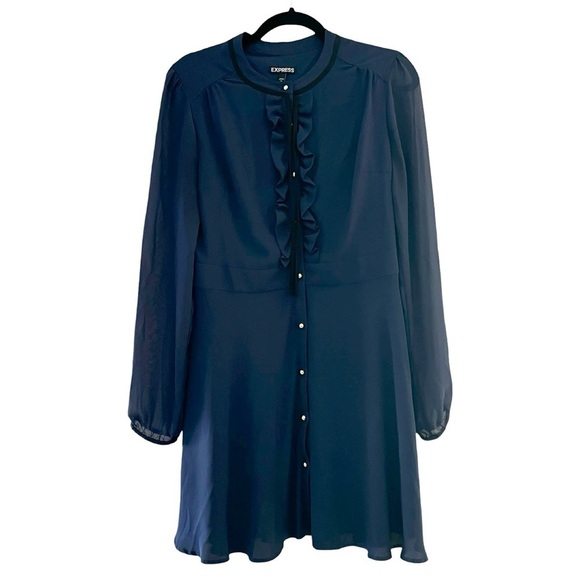 EXPRESS Long Sleeve Ruffled Chiffon Cobalt Blue Dress Sz 10 - Picture 2 of 7